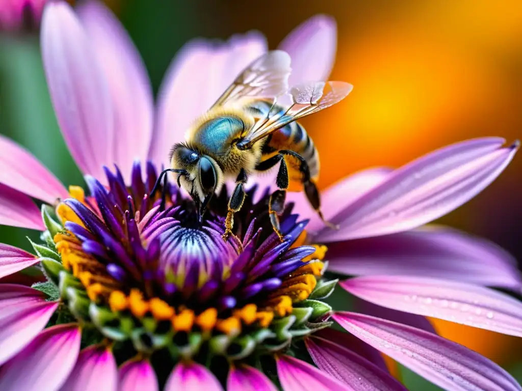 Detalle de una abeja en flor de equinácea púrpura, recolectando néctar