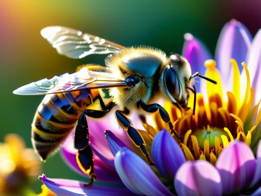 Detalle de una abeja en una flor, con alas desplegadas, recogiendo néctar con sus ojos compuestos brillando, navegando el campo magnético