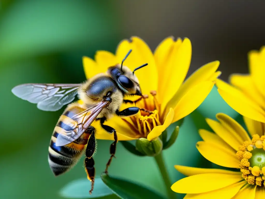 Detalle de abeja recolectando néctar de flor amarilla con propiedades medicinales quercetina, simbiosis natural