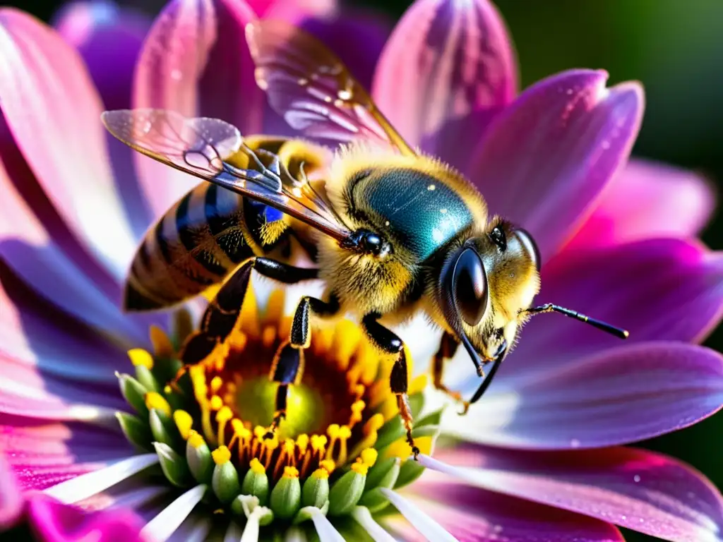 Detalle de abeja recolectando néctar en flor rosa, resaltando la importancia de las abejas en control de plagas