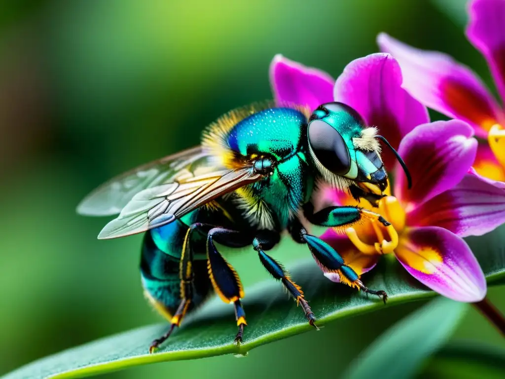 Detalle de abeja orquídea sobre flor rosa, resaltando la importancia de los insectos en reforestación