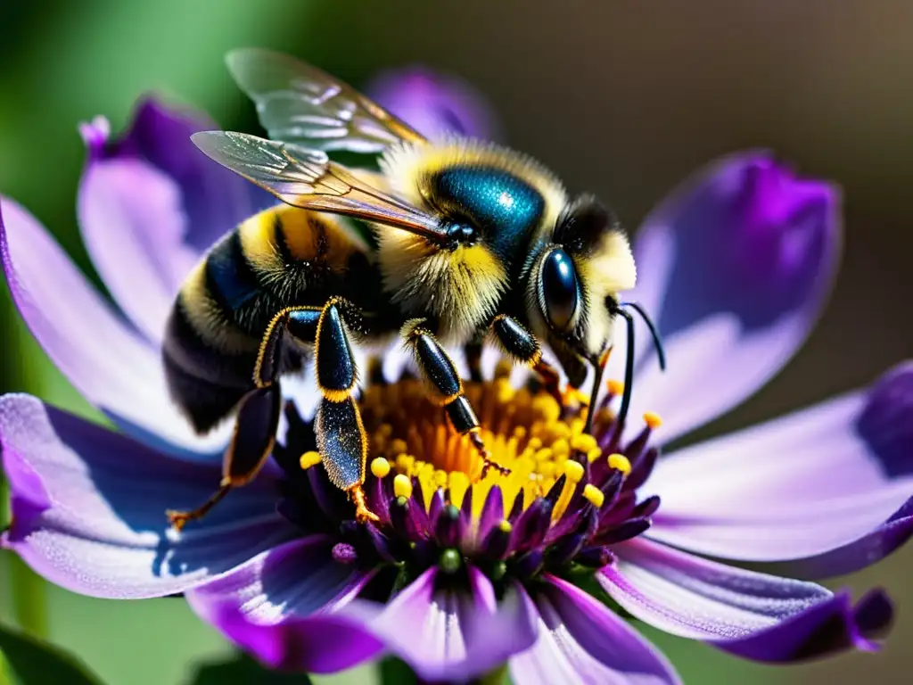 Detalle de abeja sobre flor morada, inspiración para sensores bioinspirados tecnología insectos