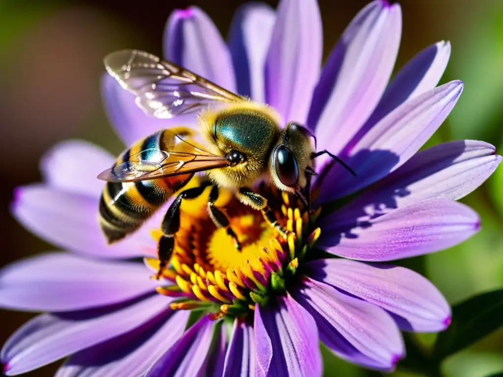 Detalle de una abeja polinizando una flor morada, capturando la belleza del insecto simbólico