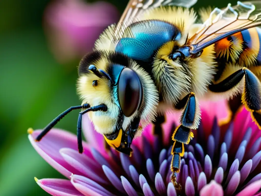 Detalle de abeja extrayendo néctar de flor, mostrando su probóscide y alas