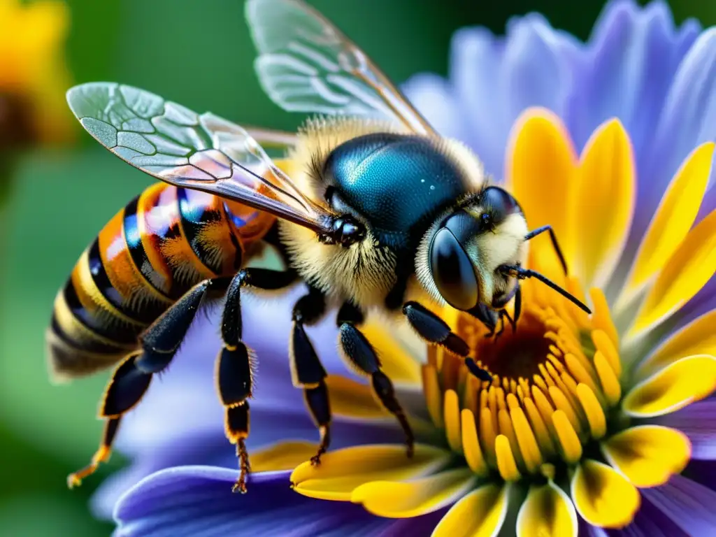 Detalle de una abeja polinizando una flor vibrante, resaltando la belleza y complejidad de la interacción de los insectos con su entorno