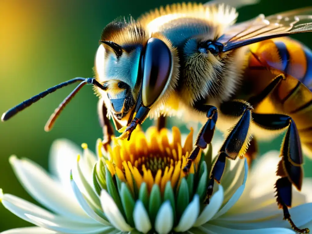 Detalle ultrarresolución de abeja recolectando néctar en flor