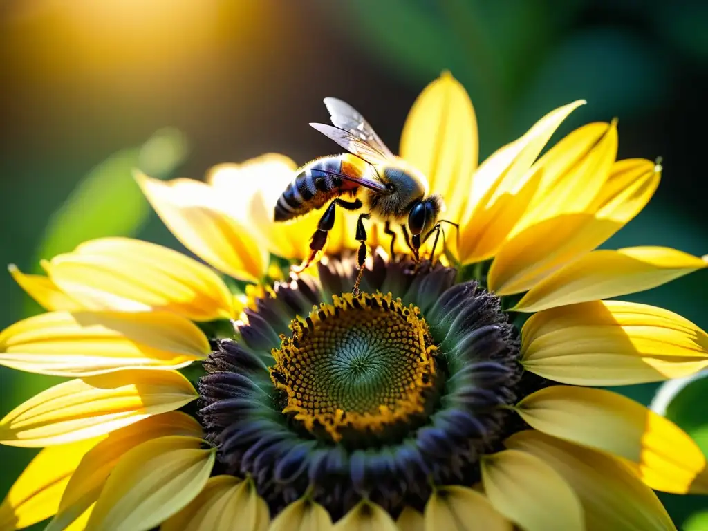 Detalle de abeja recolectando néctar en girasol, resaltando la importancia de las abejas en control de plagas