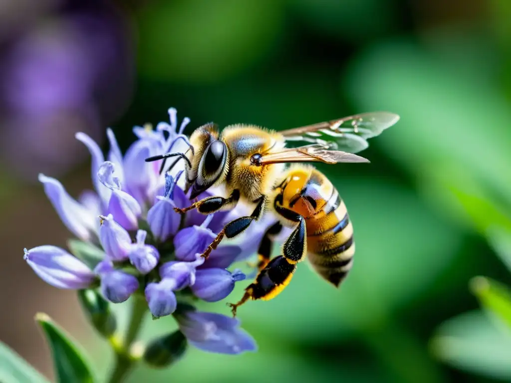 Detalle de una abeja recolectando néctar en un jardín de lavanda, interpretando el lenguaje de las abejas y su vital papel en los jardines