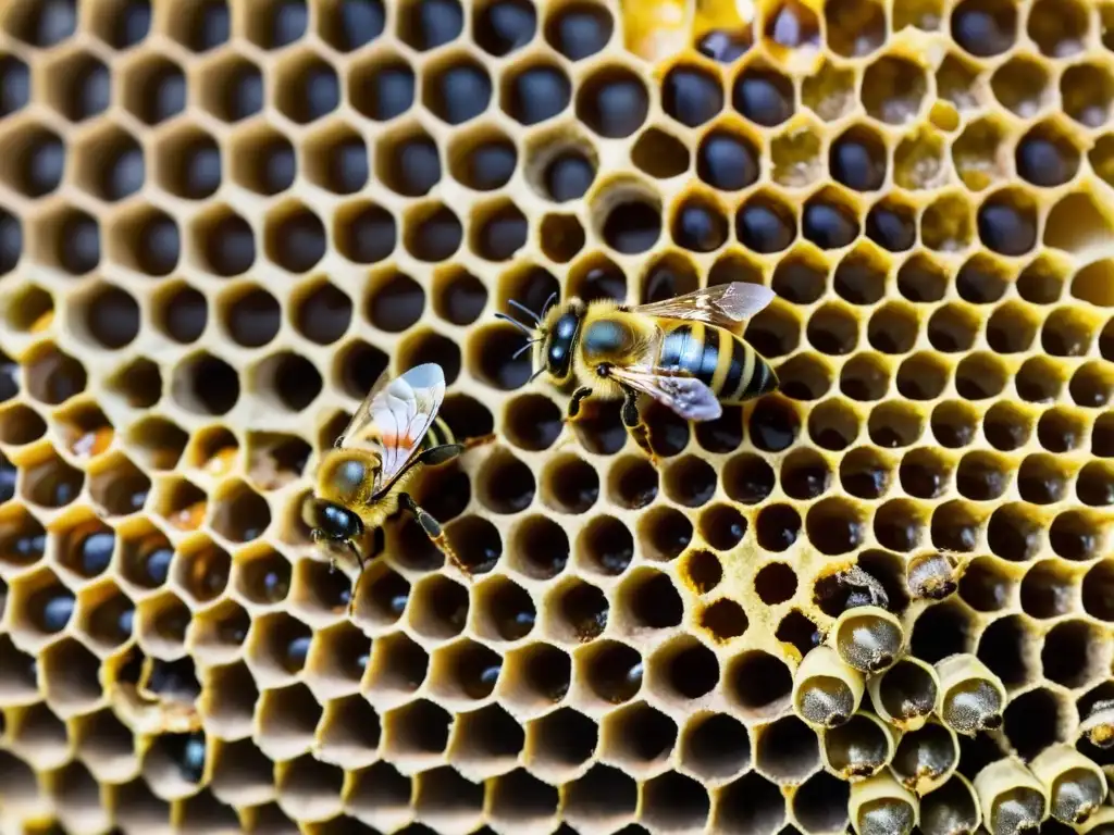 Detalle de abeja obrera en colmena, mostrando sus funciones especializadas y la organización del enjambre