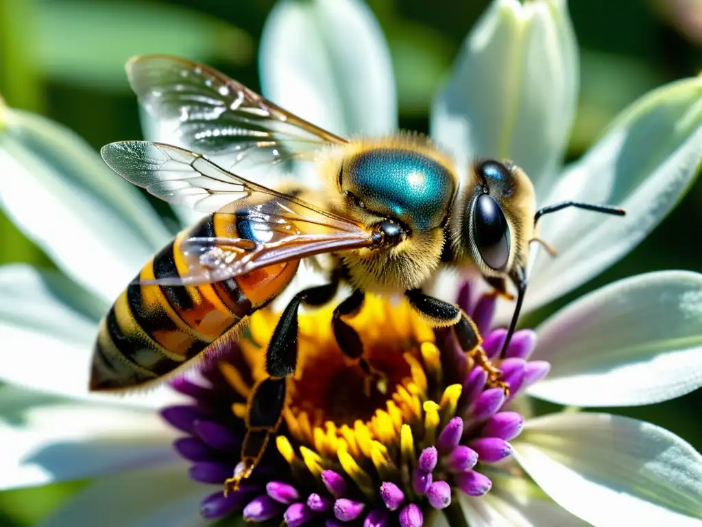 Detalle de una abeja recolectando néctar, con ojos compuestos, alas iridiscentes y pelaje delicado