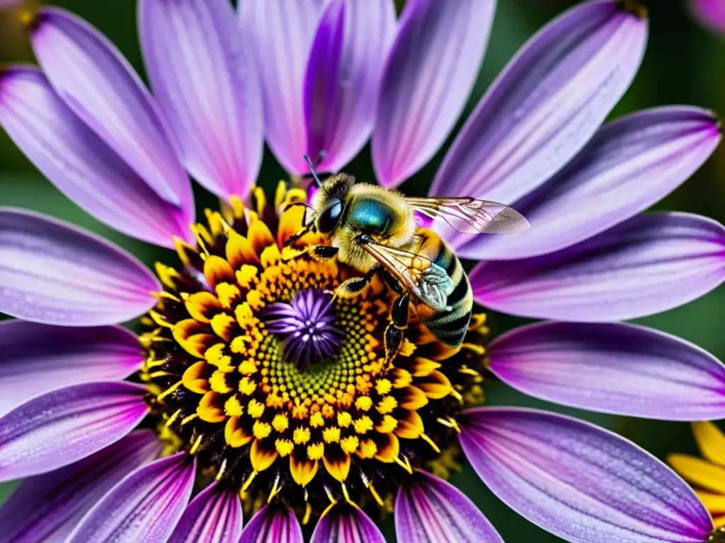 Detalle de abeja recolectando polen en flor morada