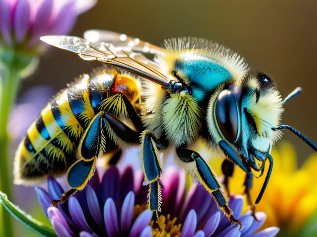 Detalle de abeja recogiendo polen en flor, ilustrando la bioingeniería insectos polinización ecosistemas