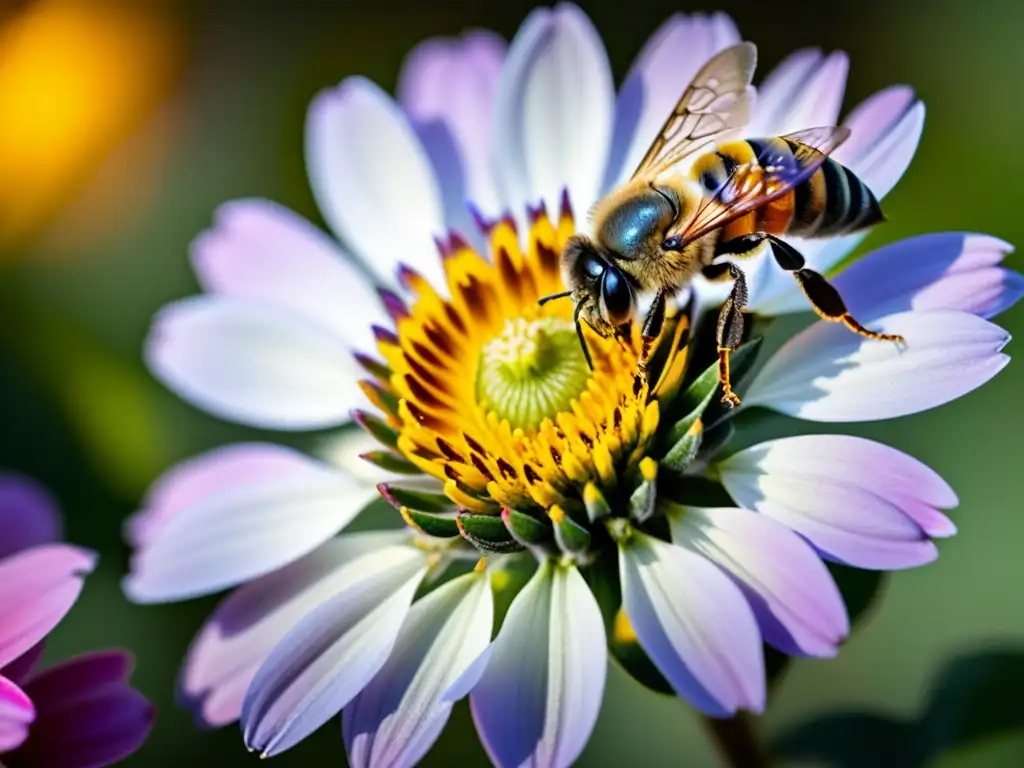 Detalle de una abeja recolectando polen en una flor, resaltando la importancia de los insectos en la dispersión de semillas