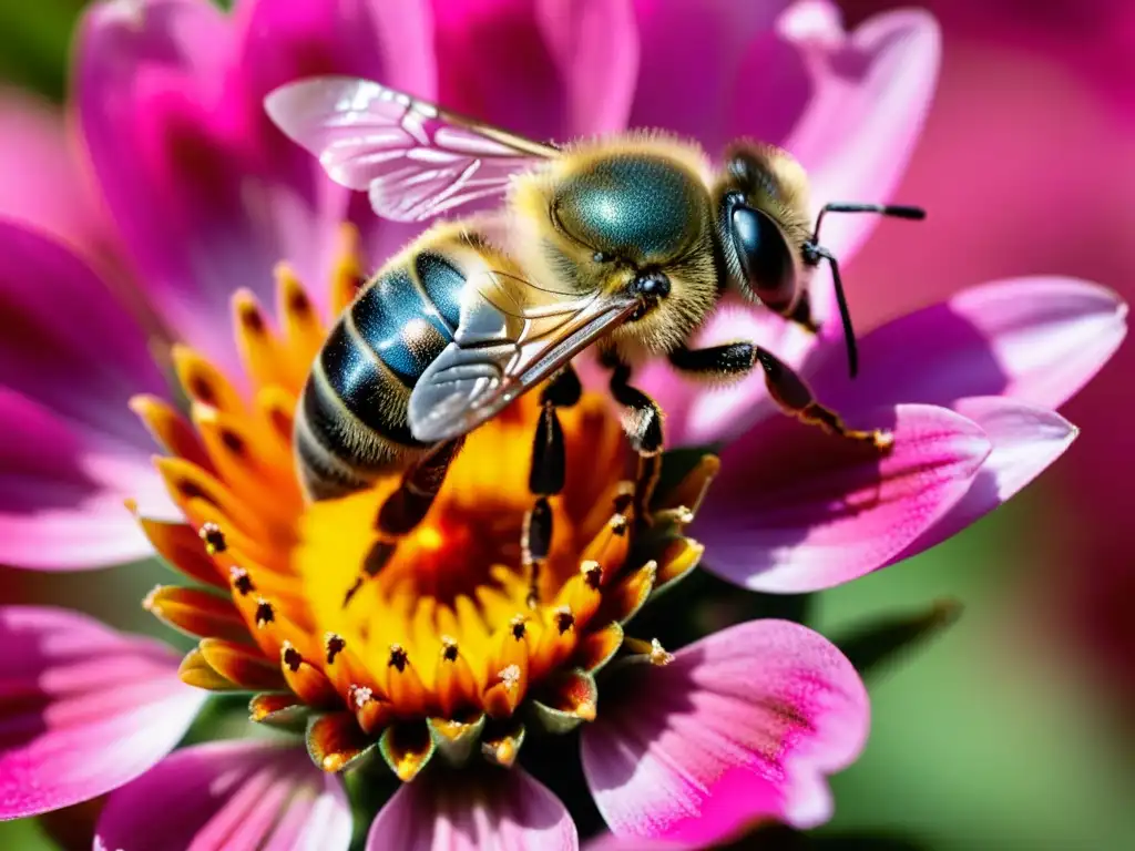 Detalle de abeja polinizadora en flor rosa, resaltando su belleza y fragilidad