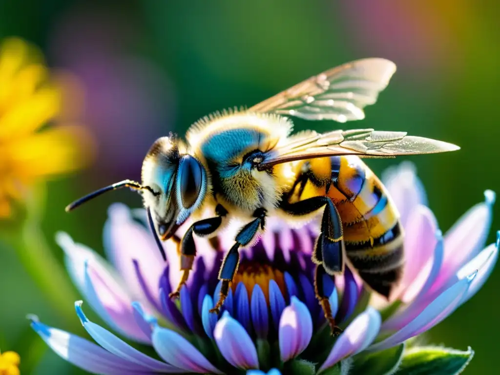 Detalle de abeja polinizadora sobre flores silvestres, resaltando la importancia de los insectos polinizadores en el ecosistema