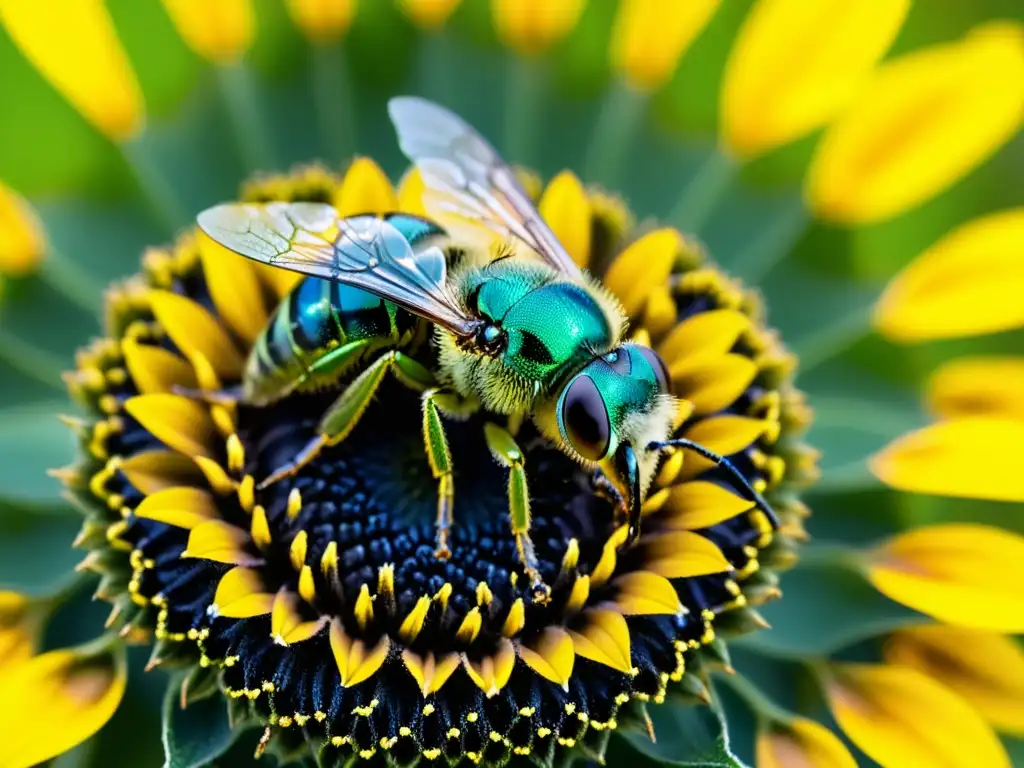 Detalle de abeja del sudor metálica verde sobre girasol, resaltando la importancia de los insectos en el ecosistema