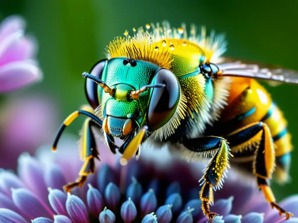 Detalle de abeja sudorosa cubierta de gotas de agua, adaptación de insectos al estrés térmico en flor calurosa