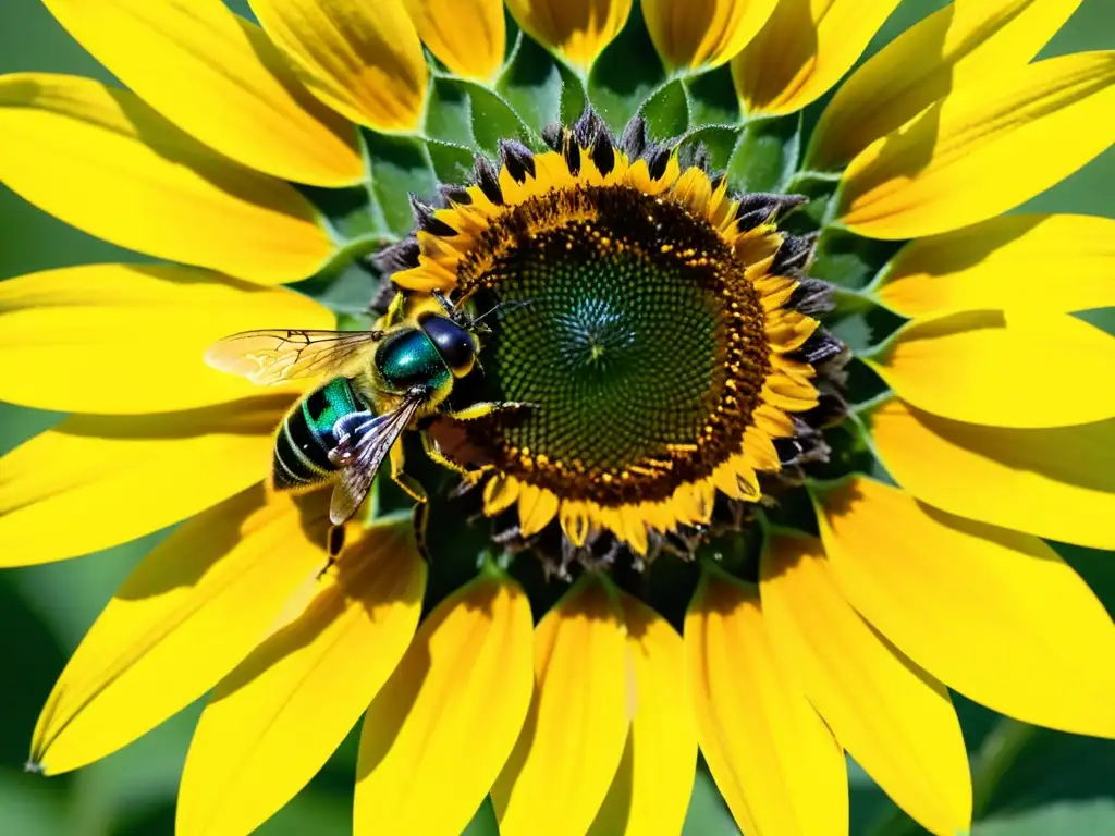 Detalle de una abeja sudorosa iridiscente recolectando polen de un girasol