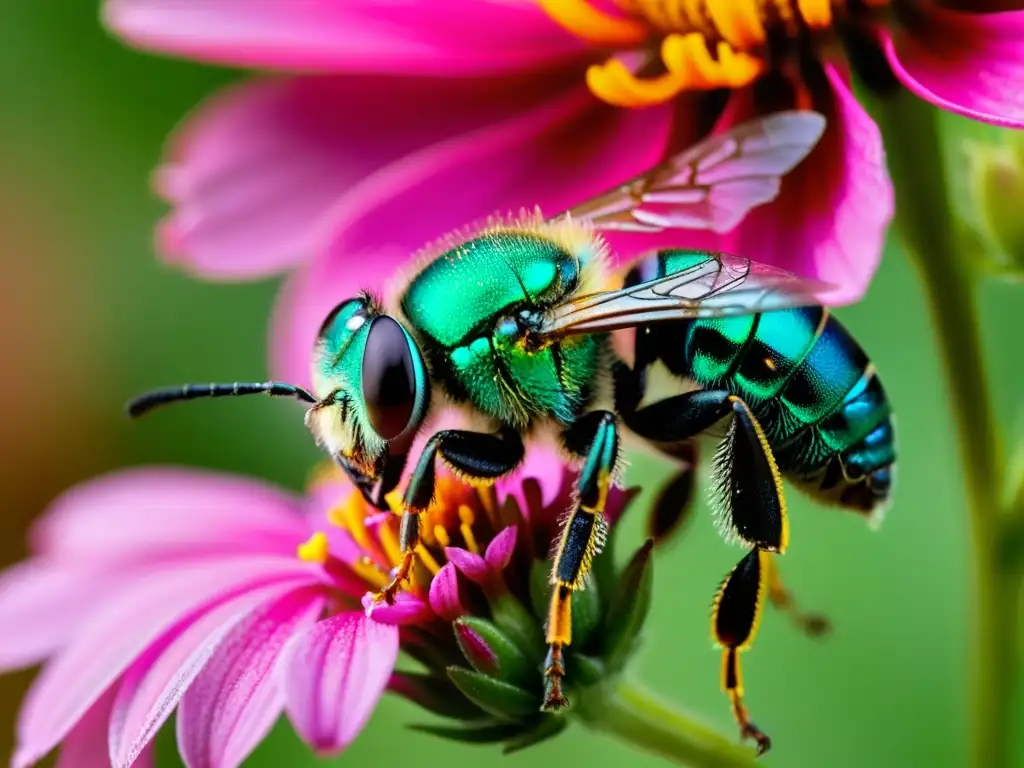 Detalle de abeja sudorosa metálica verde sobre flor rosa