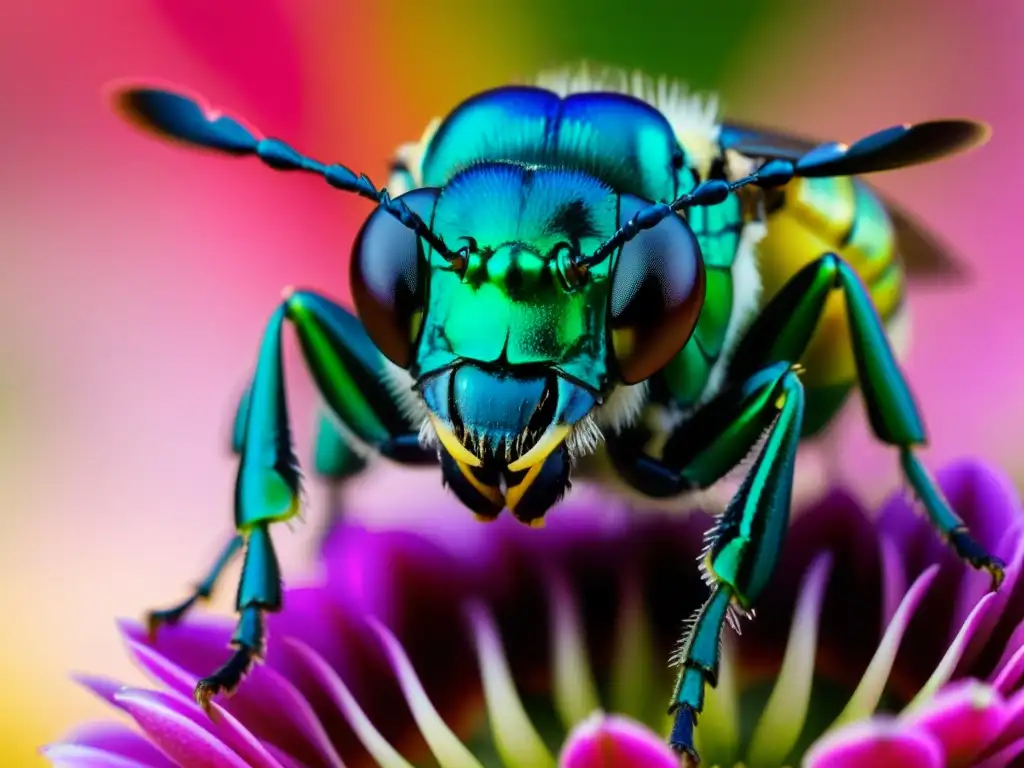 Detalle de abeja orquídea verde vibrante en flor rosa, mostrando su importancia en ecosistemas