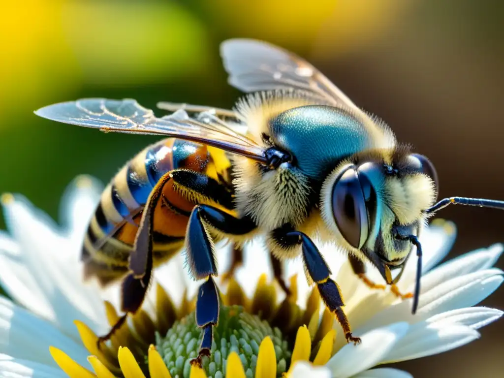 Detalle de una abeja en vuelo, cubierta de polen entre flores vibrantes