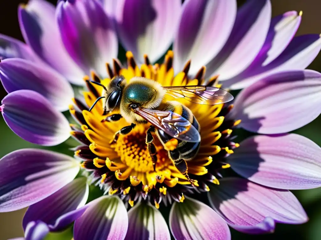 Detalle 8k de abejas polinizando una flor, destacando la importancia de la polinización para el estudio nacional abejas polinizadores importancia