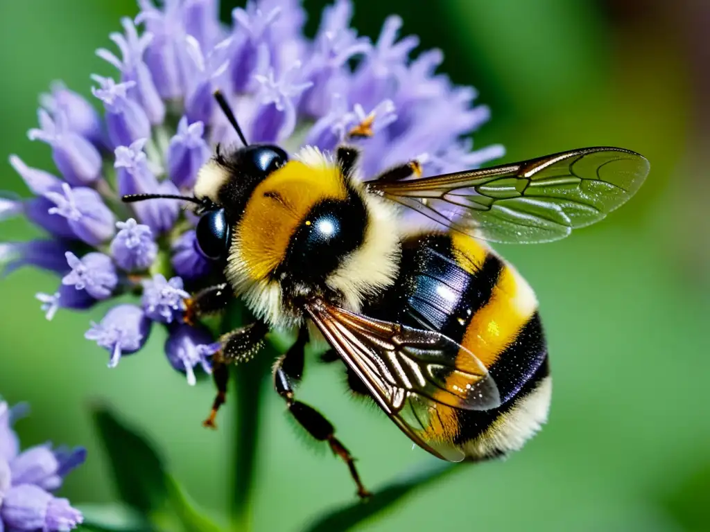 Detalle de abejorro cubierto de polen sobre flor de lavanda, resaltando la importancia abejorros en la polinización agrícola