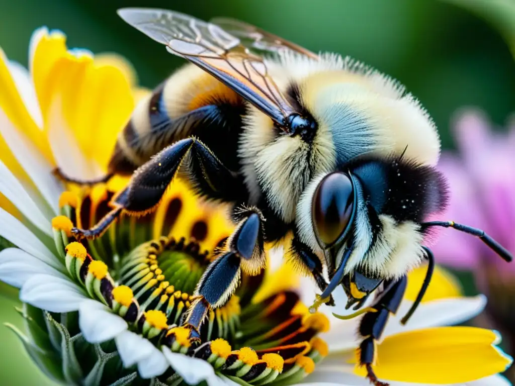 Detalle de abejorro cubierto de polen en un jardín vibrante, resaltando la importancia de los insectos polinizadores en los ecosistemas globales