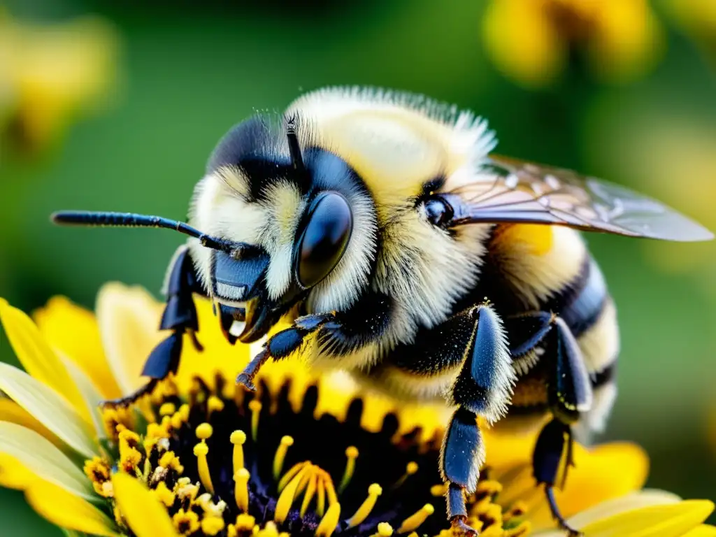 Detalle de abejorro cubierto de polen y flores, destacando la importancia de los insectos en ciclos biogeoquímicos