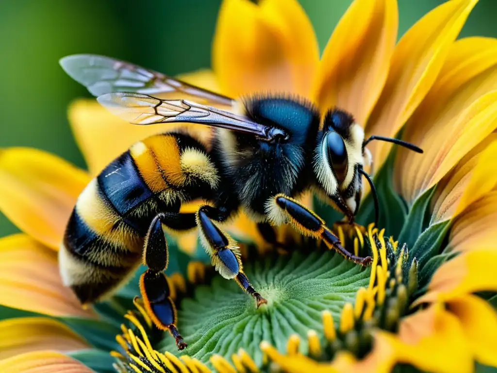 Detalle de abejorro polinizando una flor de girasol, resaltando la importancia de los abejorros en la polinización agrícola