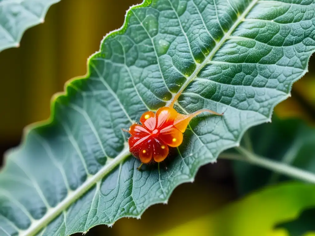 Detalle de ácaros rojos infestando una hoja de tomate, mostrando el impacto económico de las plagas en los cultivos