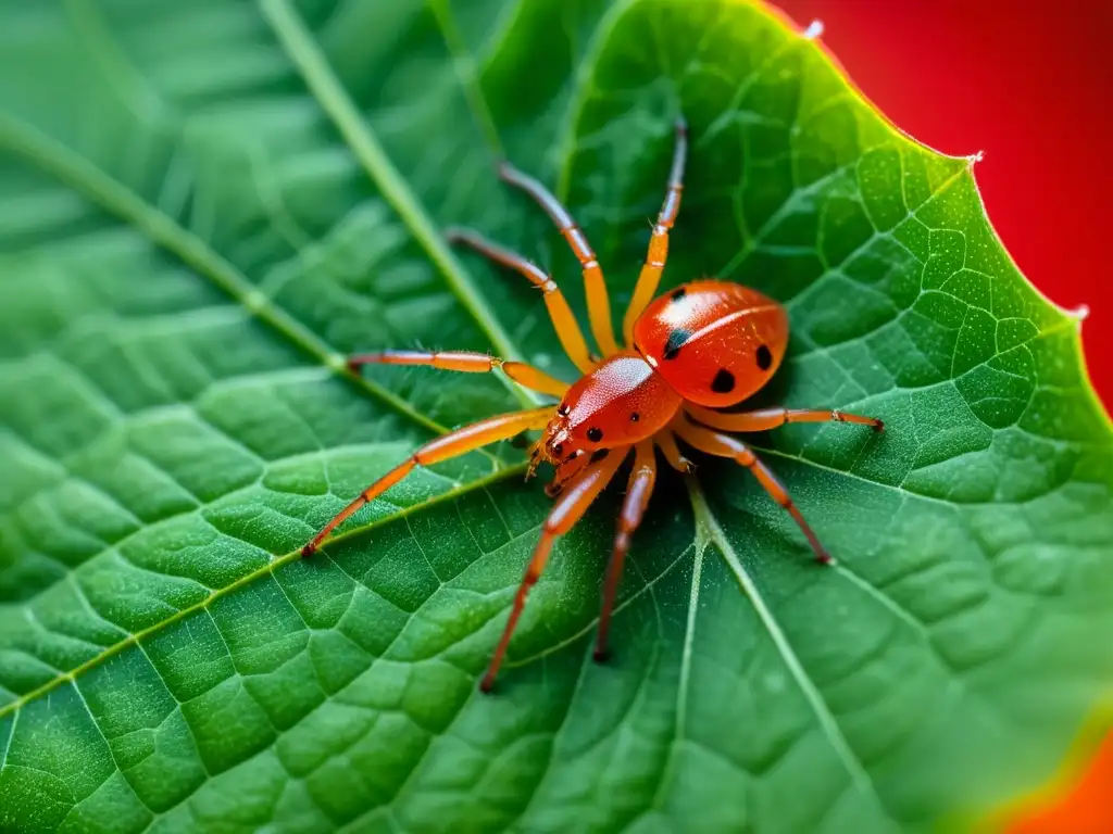 Detalle de ácaros rojos infestando una hoja verde