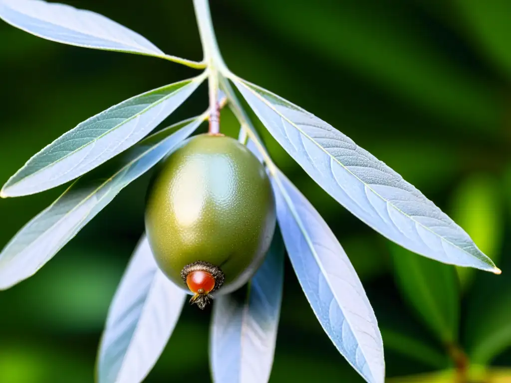 Detalle de una aceituna madura en el árbol con una mosca del olivo, mostrando la complejidad de la piel