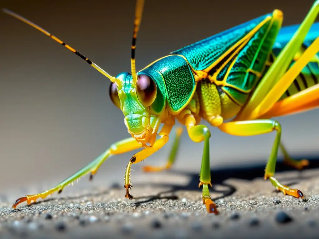 Detalle de adaptaciones de escape en insectos: patas traseras de saltamontes en movimiento, con estructura y textura detalladas