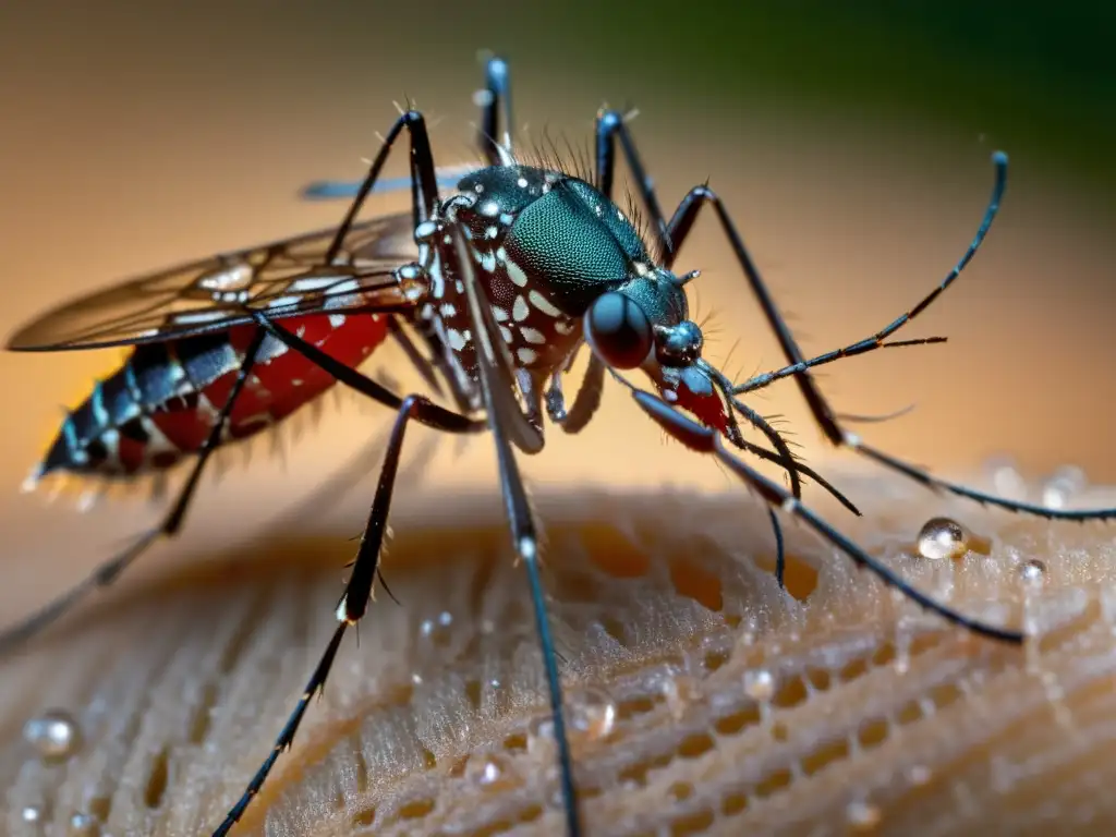 Detalle de mosquito Aedes aegypti en piel humana