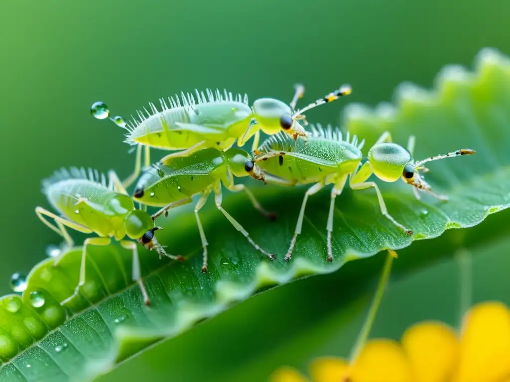 Detalle en 8k de áfidos en tallo verde, mostrando movimiento sutil y su interacción con la planta