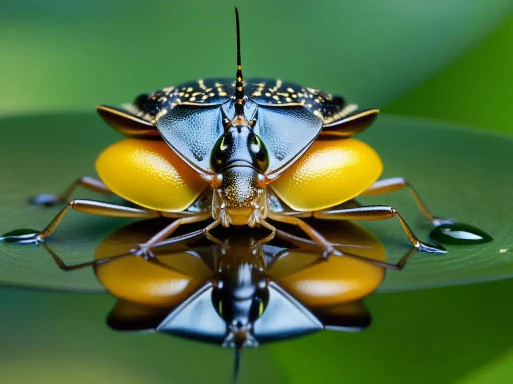 Detalle de chinche gigante de agua hembra con huevos en su espalda, ejemplificando el cuidado parental en insectos