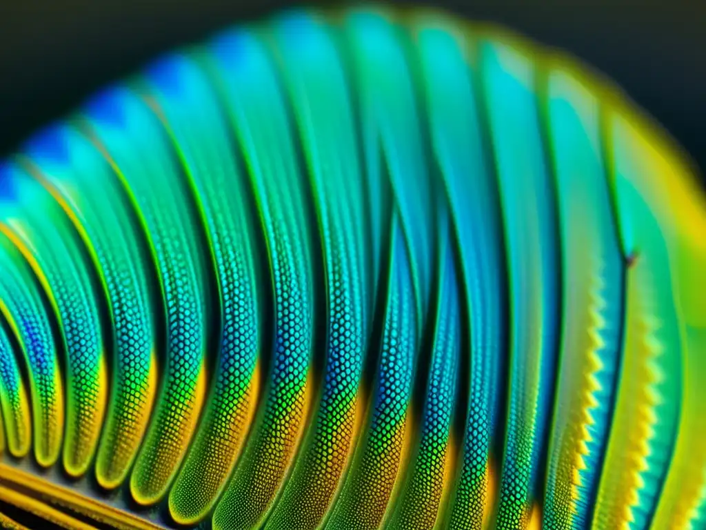 Fotografía microscópica entomología: Detalle de ala de escarabajo iridiscente bajo el microscopio, revelando su belleza única y colores vibrantes