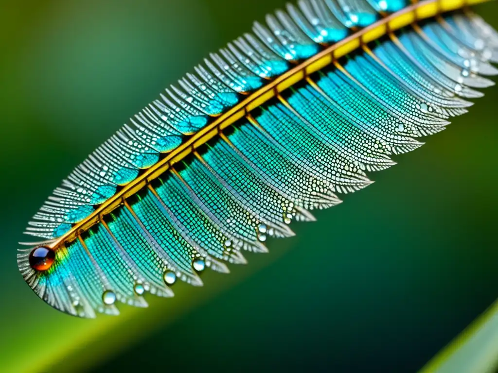 Detalle de ala de libélula con gotas de agua, revelando historia evolutiva