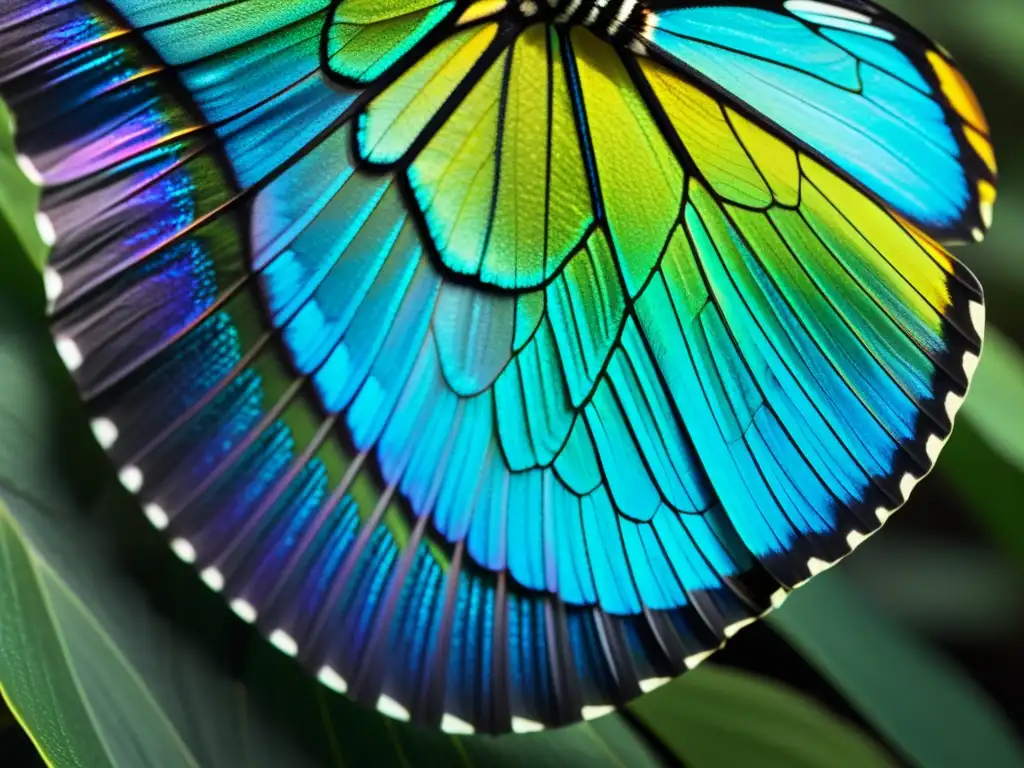 Detalle de ala de mariposa iridiscente, mostrando patrones de escamas en colores vivos