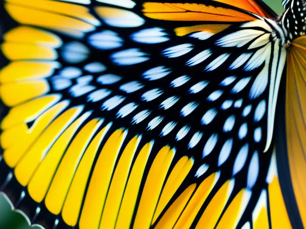 Detalle de ala de mariposa monarca, con patrones vibrantes de escamas naranjas, negras y blancas