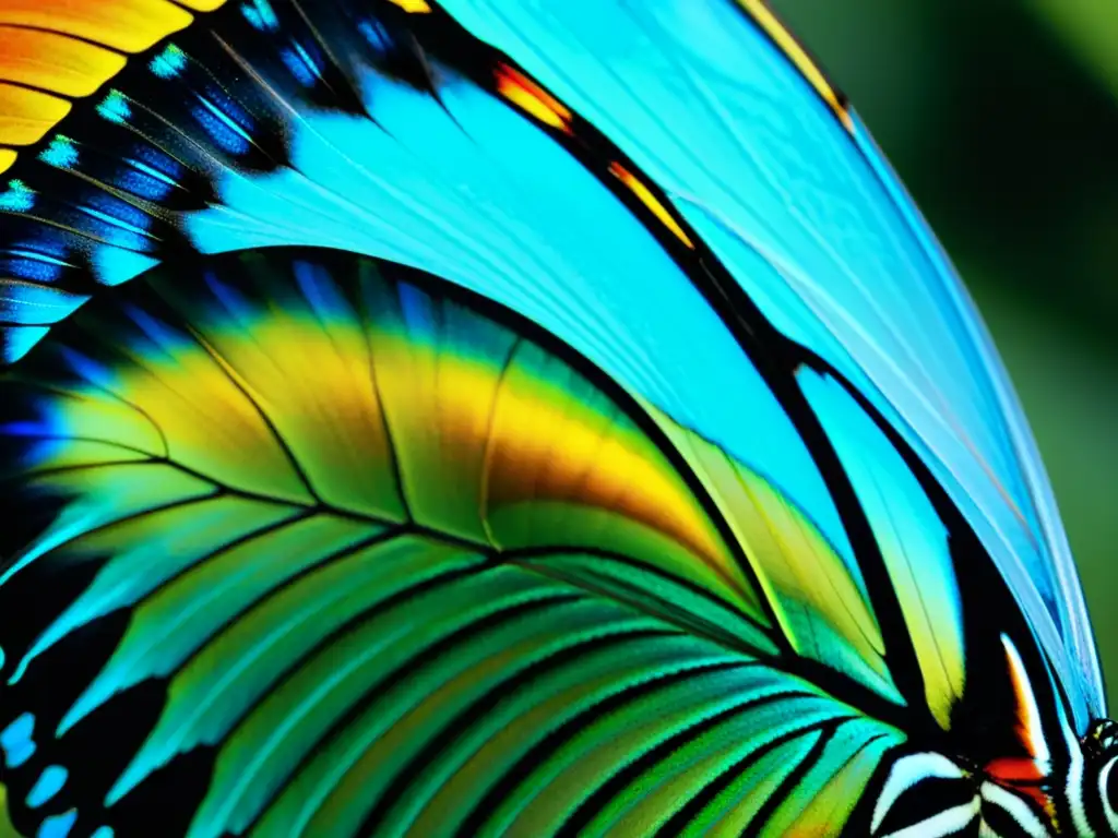 Detalle en alta definición de ala de mariposa con patrones intrincados y colores iridiscentes