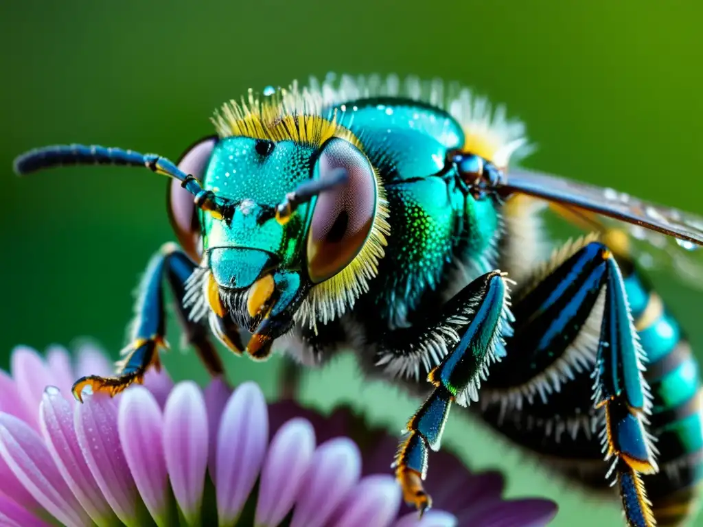 Detalle de alas de abeja cubiertas de gotas de agua, mostrando la belleza e vulnerabilidad de especies impactadas por el cambio climático