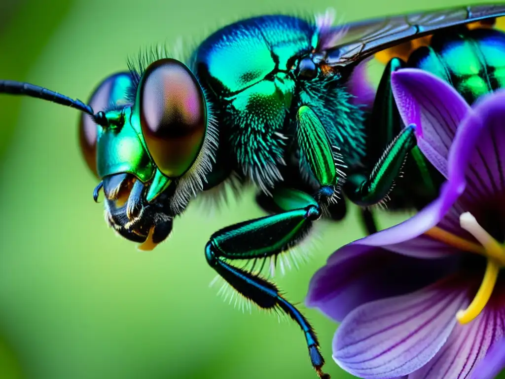 Detalle de las alas iridiscentes de una abeja orquídea metálica en vuelo, mostrando la genética de la diversidad de insectos y su papel como polinizadora junto a una orquídea púrpura brillante