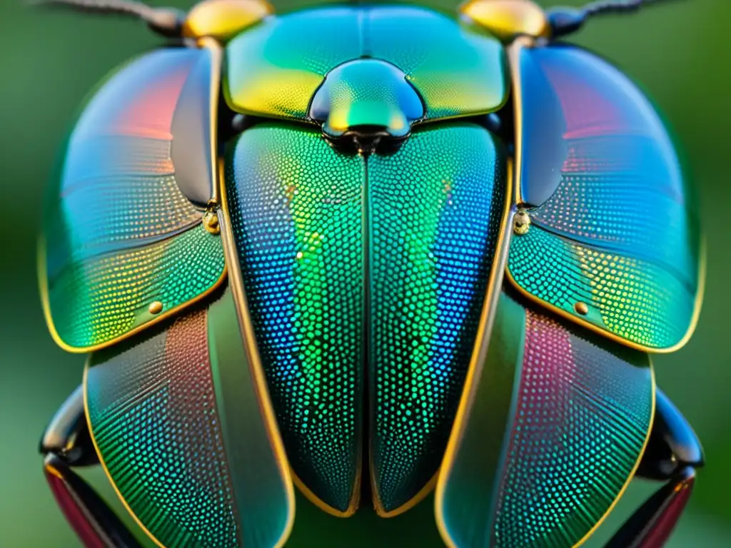 Detalle de las alas iridiscentes de un escarabajo joya, con patrón intrincado y colores cambiantes