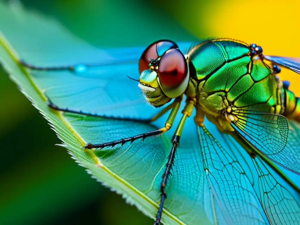 Detalle de las alas de libélula, con colores iridiscentes y finos vellos que permiten la diversificación evolutiva del vuelo en insectos