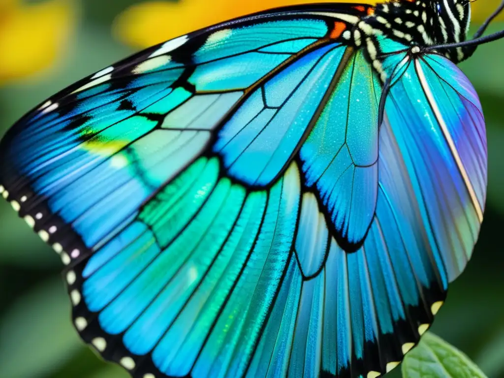 Detalle de alas de mariposa con patrón de colores vibrantes y brillo iridiscente