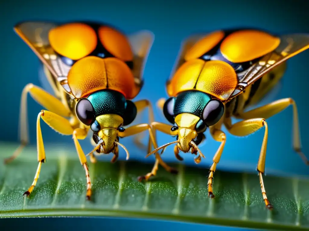 Detalle en alta resolución de insectos apareándose, mostrando la herencia de características en insectos en asombroso detalle