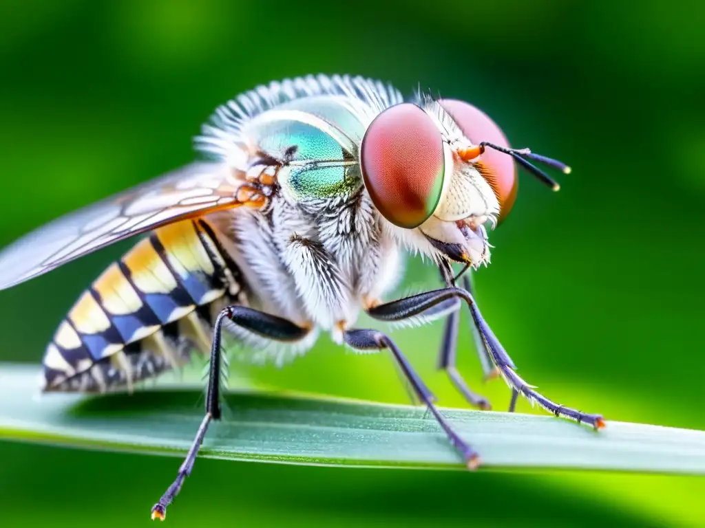 Detalle en alta resolución de una mosca TseTse en su hábitat natural, mostrando sus alas iridiscentes y estructura corporal