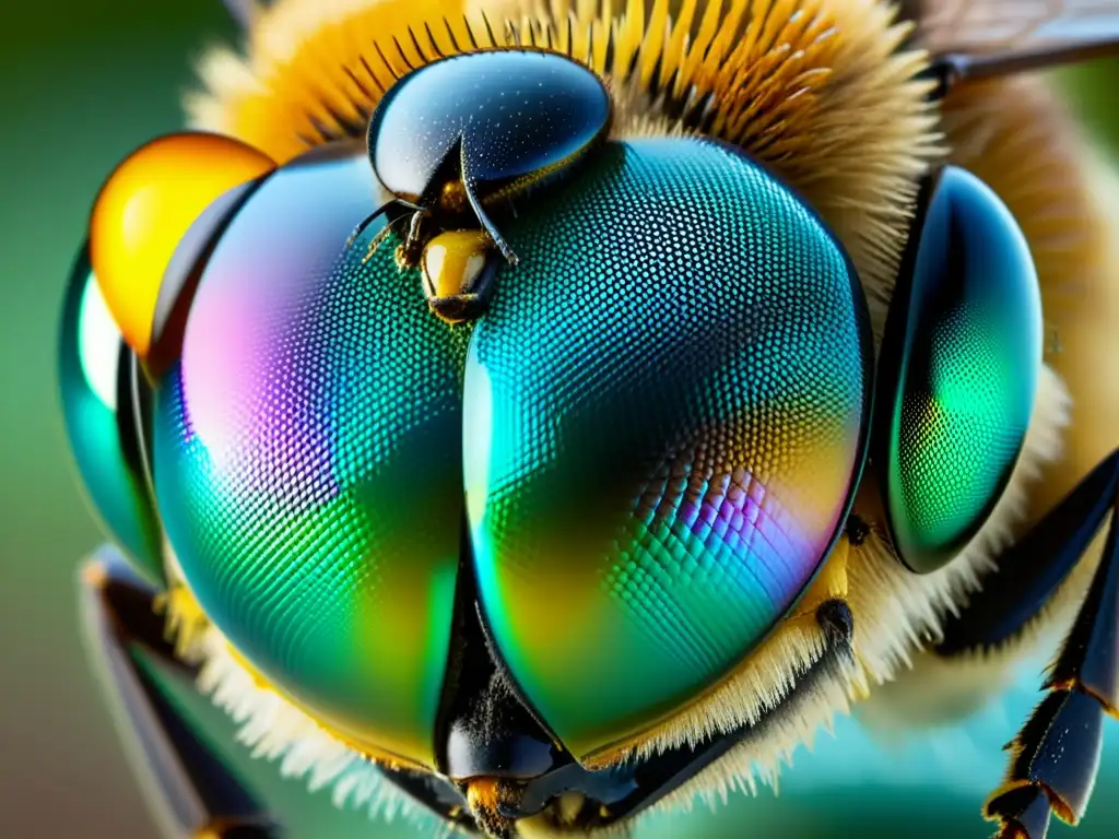 Detalle en alta resolución del ojo compuesto de una abeja, resaltando su intrincado patrón hexagonal y la importancia de la propiocepción en insectos